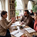 Drie mensen in geanimeerd gesprek aan houten café tafel in warm Amsterdam koffiehuis met natuurlijk licht