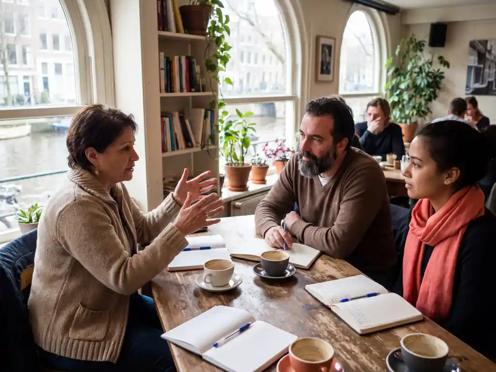 Drie mensen in geanimeerd gesprek aan houten café tafel in warm Amsterdam koffiehuis met natuurlijk licht