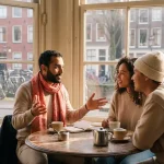Drie mensen in levendig gesprek aan houten cafétafel met koffiekopjes, warme middagzon door ramen van Amsterdam café