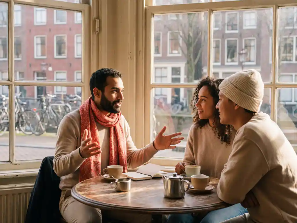 Drie mensen in levendig gesprek aan houten cafétafel met koffiekopjes, warme middagzon door ramen van Amsterdam café