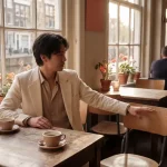 Marketingprofessional reikt uitnodigend naar lege stoel in warm Amsterdam café, koffiekopjes op verweerd houten tafel