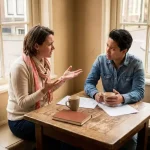 Gefrustreerde marketingprofessional gebaart naar collega in warm Amsterdams café, koffiekopjes op houten tafel