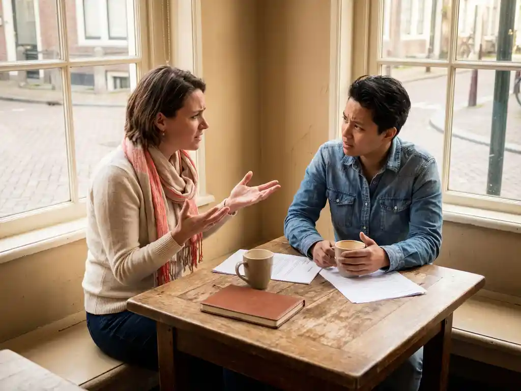 Gefrustreerde marketingprofessional gebaart naar collega in warm Amsterdams café, koffiekopjes op houten tafel