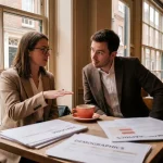 Twee marketingprofessionals bespreken klantpersona's en demografische gegevens aan houten tafel in gezellig Amsterdam café