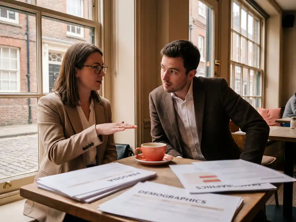 Twee marketingprofessionals bespreken klantpersona's en demografische gegevens aan houten tafel in gezellig Amsterdam café