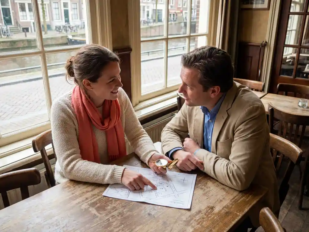 Marktonderzoeker en klant bespreken handgetekende kaart met kompas aan houten tafel in Amsterdam café