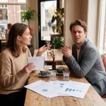 Marktonderzoeker met notitieblok spreekt met verwarde zakenman in gezellig Amsterdam café, brandpositioneringsdocumenten op tafel