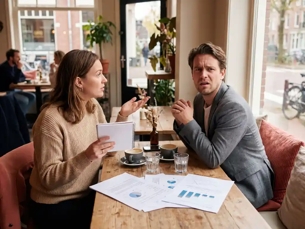 Marktonderzoeker met notitieblok spreekt met verwarde zakenman in gezellig Amsterdam café, brandpositioneringsdocumenten op tafel
