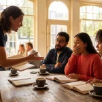 Marktonderzoeker in gesprek met diverse groep mensen aan café tafel, verraste gezichten bij nieuwe inzichten, Amsterdam