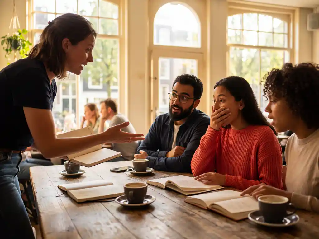 Marktonderzoeker in gesprek met diverse groep mensen aan café tafel, verraste gezichten bij nieuwe inzichten, Amsterdam