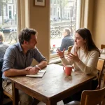 Marktonderzoeker observeert jonge vrouw tijdens geanimeerd gesprek in warm Amsterdam café met natuurlijk licht