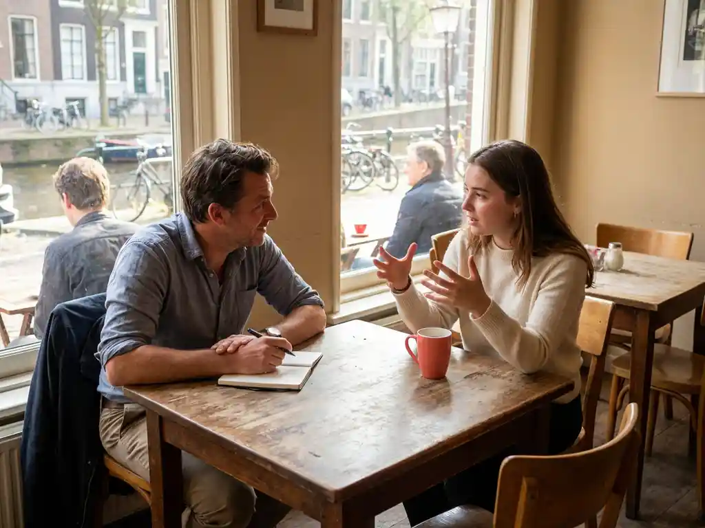 Marktonderzoeker observeert jonge vrouw tijdens geanimeerd gesprek in warm Amsterdam café met natuurlijk licht