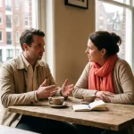 Marktonderzoeker en klant in gesprek aan houten cafétafel in Amsterdam, met koffiekopjes en notitieboek tussen hen in