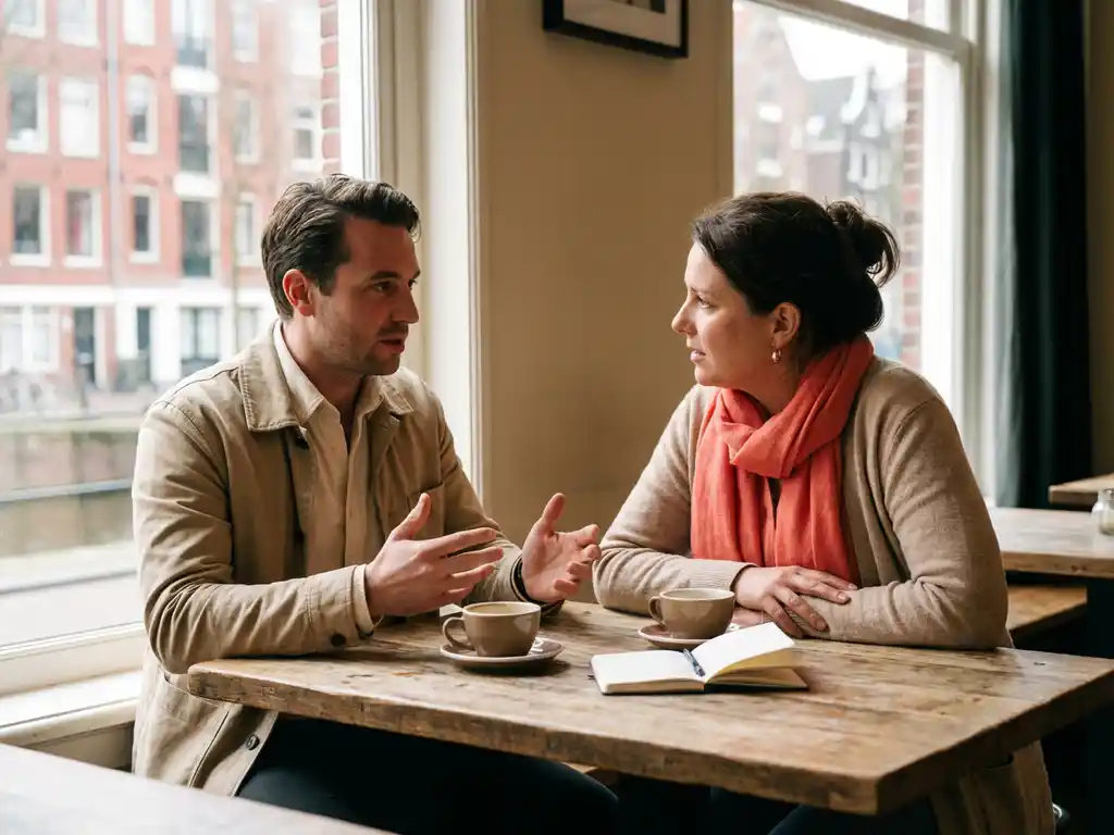 Marktonderzoeker en klant in gesprek aan houten cafétafel in Amsterdam, met koffiekopjes en notitieboek tussen hen in