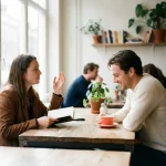 Marktonderzoeker en klant in gesprek aan houten tafel in Amsterdam café, onderzoeker houdt notitieboek vast