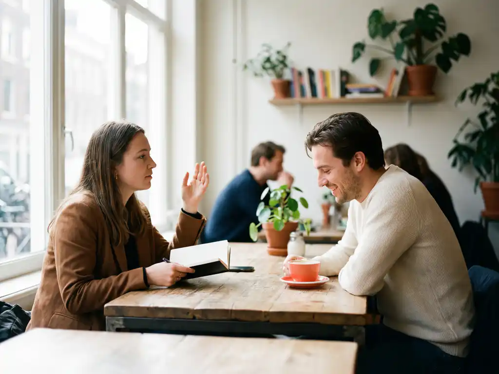 Marktonderzoeker en klant in gesprek aan houten tafel in Amsterdam café, onderzoeker houdt notitieboek vast