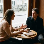 Marktonderzoeker gebaart naar verwarde klant aan café tafel in Amsterdam, warme natuurlijke verlichting door grote ramen