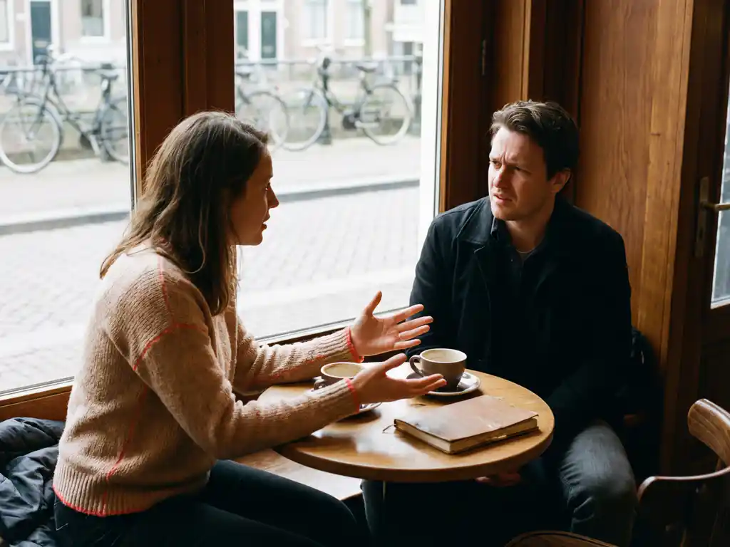 Marktonderzoeker gebaart naar verwarde klant aan café tafel in Amsterdam, warme natuurlijke verlichting door grote ramen