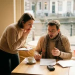 Marktonderzoeker en diverse klant in geanimeerd gesprek aan café tafel in Amsterdam, warme daglichtstemming