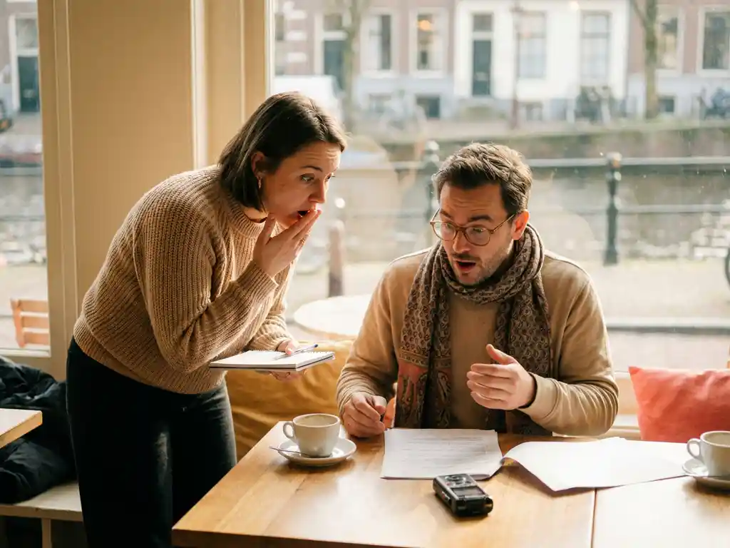 Marktonderzoeker en diverse klant in geanimeerd gesprek aan café tafel in Amsterdam, warme daglichtstemming