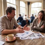 Marktonderzoeker gebaart verontschuldigend naar teleurgestelde klant aan houten café tafel met verspreide campagnemateriaal