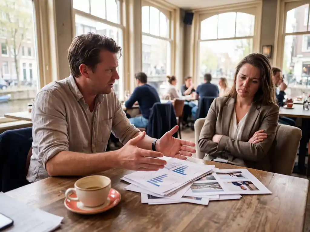 Marktonderzoeker gebaart verontschuldigend naar teleurgestelde klant aan houten café tafel met verspreide campagnemateriaal