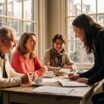 Marktonderzoeker luistert aandachtig naar drie diverse consumenten aan houten café tafel in Amsterdam, warme middaglicht door ramen