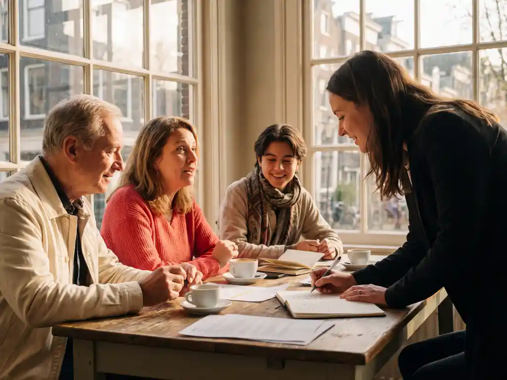 Marktonderzoeker luistert aandachtig naar drie diverse consumenten aan houten café tafel in Amsterdam, warme middaglicht door ramen