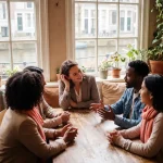 Marktonderzoeker luistert aandachtig naar diverse consumenten in gezellig Amsterdam café met bakstenen muren en planten