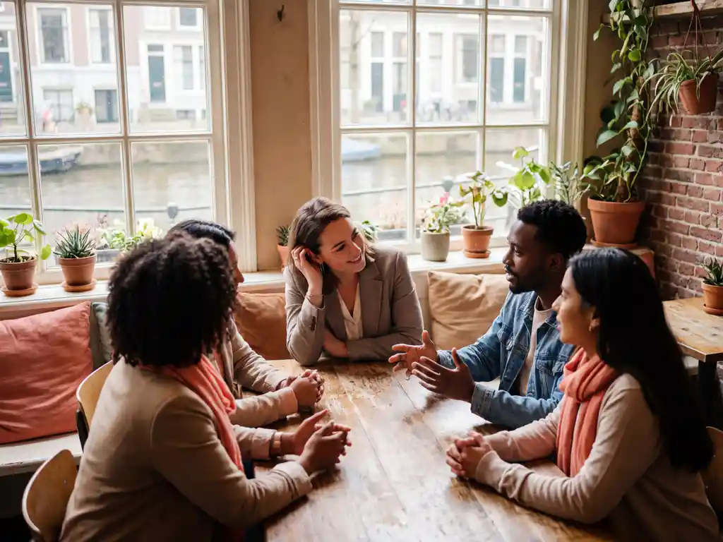 Marktonderzoeker luistert aandachtig naar diverse consumenten in gezellig Amsterdam café met bakstenen muren en planten