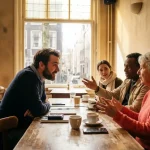 Marktonderzoeker luistert aandachtig naar diverse consumentengroep in gezellig Amsterdam café met warme middaglicht