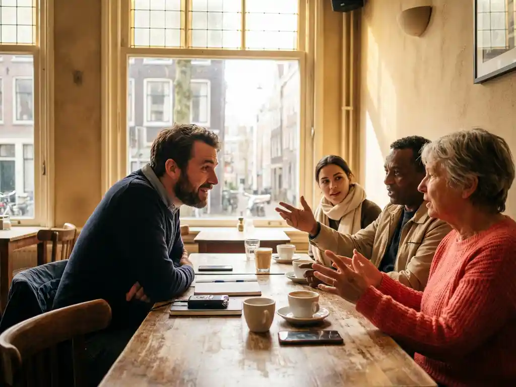 Marktonderzoeker luistert aandachtig naar diverse consumentengroep in gezellig Amsterdam café met warme middaglicht