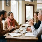 Marktonderzoeker observeert gezichtsuitdrukkingen van diverse groep in gesprek in warm Amsterdam café met natuurlijk licht