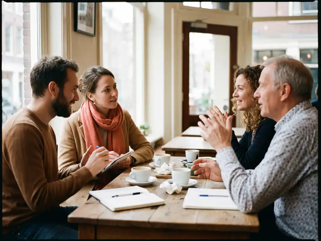 Marktonderzoeker observeert gezichtsuitdrukkingen van diverse groep in gesprek in warm Amsterdam café met natuurlijk licht