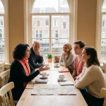 Marktonderzoeker in gesprek met diverse groep deelnemers in gezellig Amsterdam café, handen gebarend tijdens uitleg