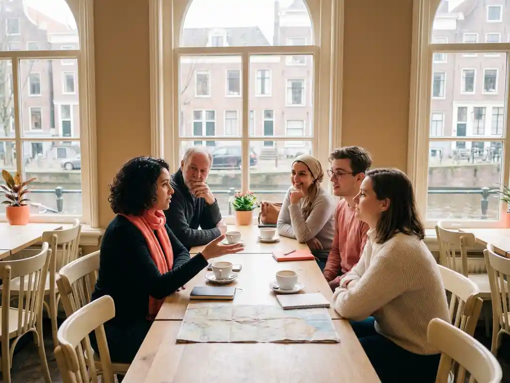 Marktonderzoeker in gesprek met diverse groep deelnemers in gezellig Amsterdam café, handen gebarend tijdens uitleg