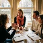 Marktonderzoeker luistert aandachtig naar diverse deelnemers tijdens focusgroep in gezellig Amsterdam café