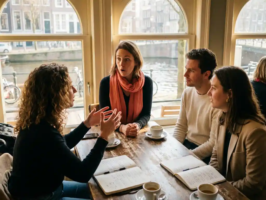Marktonderzoeker luistert aandachtig naar diverse deelnemers tijdens focusgroep in gezellig Amsterdam café