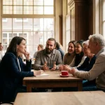 Marktonderzoeker met notitieblok observeert diverse groep mensen in geanimeerd gesprek in warm Amsterdam café