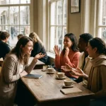 Marktonderzoeker in gesprek met diverse groep van drie personen aan houten café tafel in Amsterdam, natuurlijk licht door grote ramen