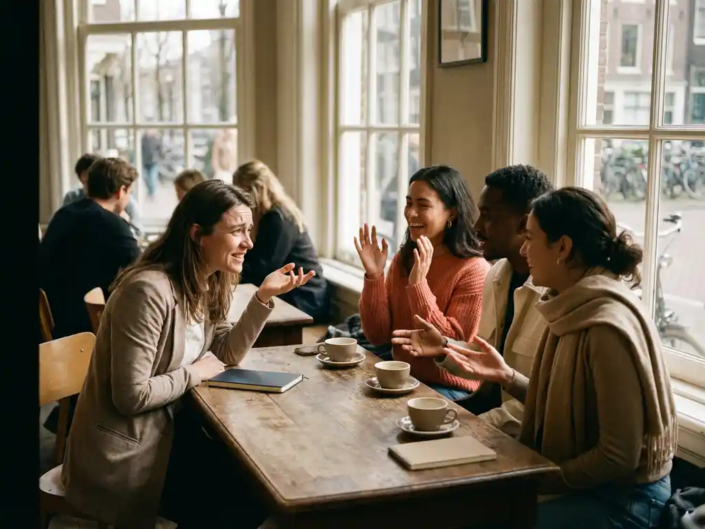 Marktonderzoeker in gesprek met diverse groep van drie personen aan houten café tafel in Amsterdam, natuurlijk licht door grote ramen
