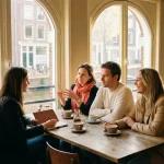 Marktonderzoeker in gesprek met diverse groep van drie personen rond houten cafétafel in Amsterdam, warme middagzon door grote ramen
