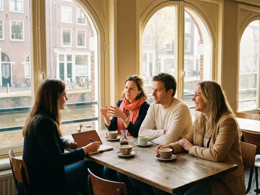 Marktonderzoeker in gesprek met diverse groep van drie personen rond houten cafétafel in Amsterdam, warme middagzon door grote ramen
