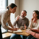 Marktonderzoeker luistert aandachtig naar drie diverse personen in gesprek aan café tafel met koffiekopjes en notitieblok