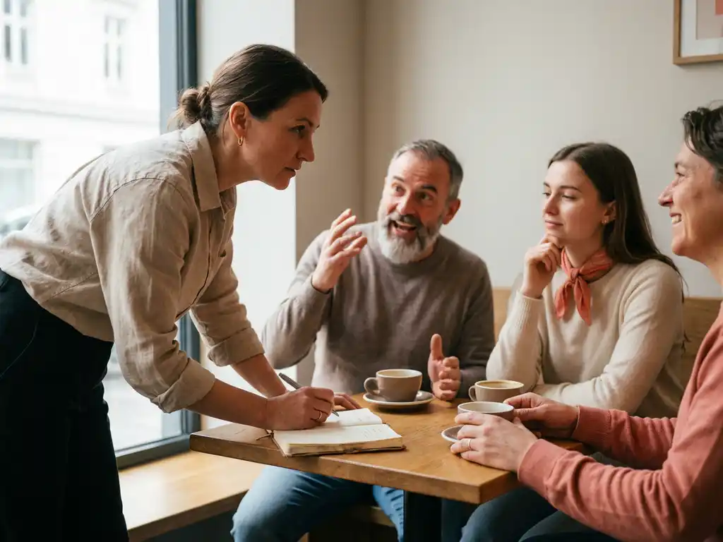 Marktonderzoeker luistert aandachtig naar drie diverse personen in gesprek aan café tafel met koffiekopjes en notitieblok