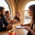 Marktonderzoeker noteert inzichten tijdens gesprek met diverse groep deelnemers in warm Amsterdam café