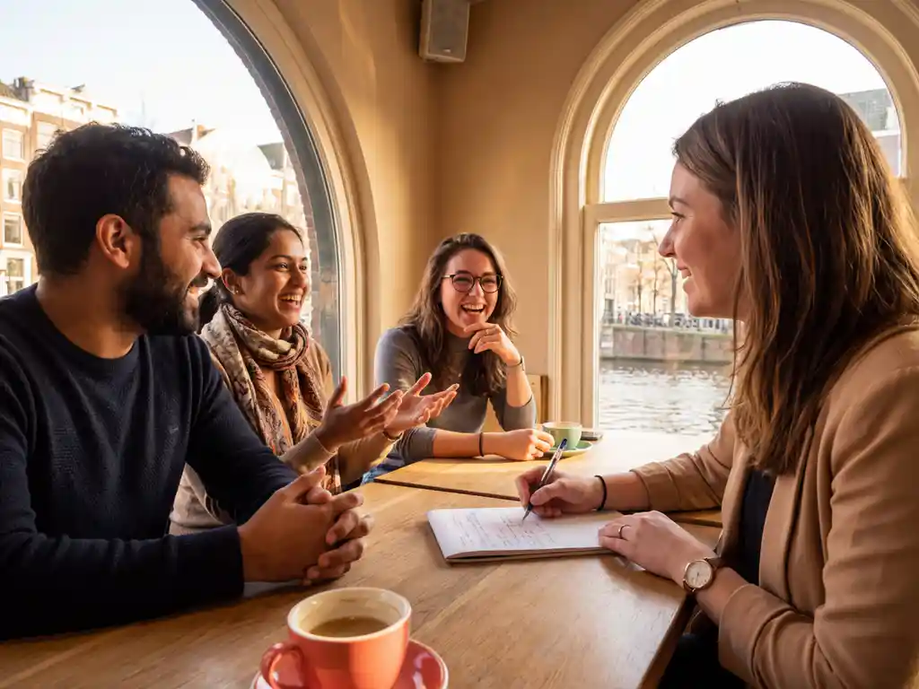 Marktonderzoeker noteert inzichten tijdens gesprek met diverse groep deelnemers in warm Amsterdam café