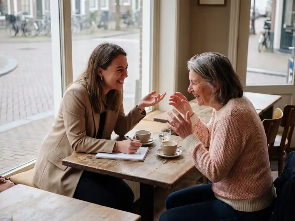 Marktonderzoeker in gesprek met focusgroep deelnemer in Amsterdams café met warme daglichtinval