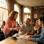 Marketingonderzoeker in geanimeerd gesprek met diverse groep van drie mensen rond houten café tafel in Amsterdam