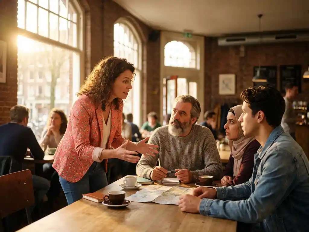 Marketingonderzoeker in geanimeerd gesprek met diverse groep van drie mensen rond houten café tafel in Amsterdam